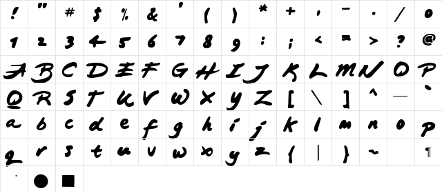 Japanese Brush Regular  glyph index