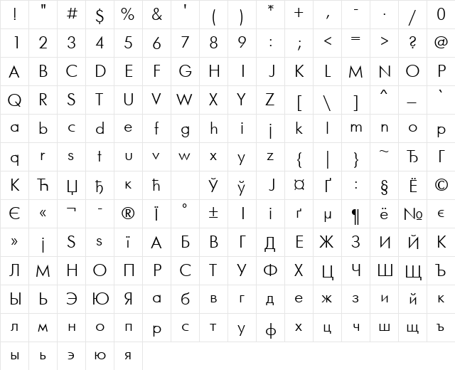 FuturisCTT Regular  glyph index