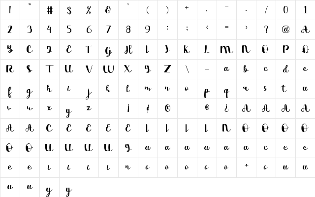 Beauty Day Regular  glyph index