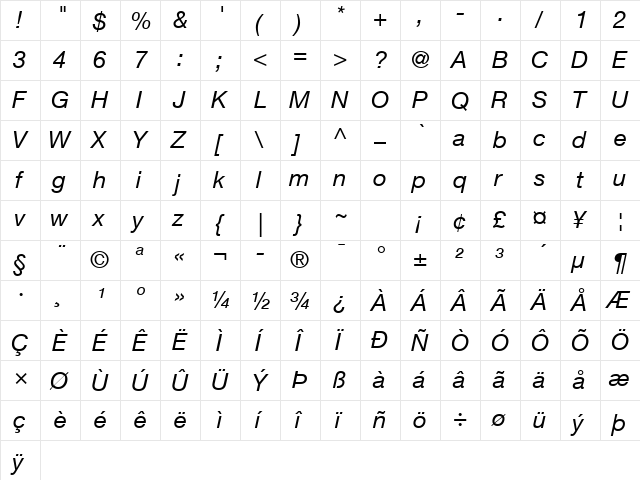 Helvetica Neue LT Com 56 Italic  glyph index