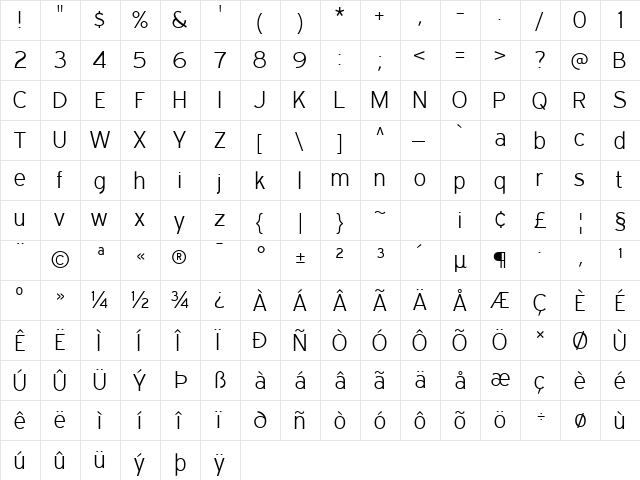 Expressway Light  glyph index