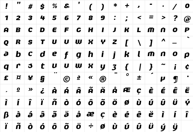 Exert BoldItalic  glyph index