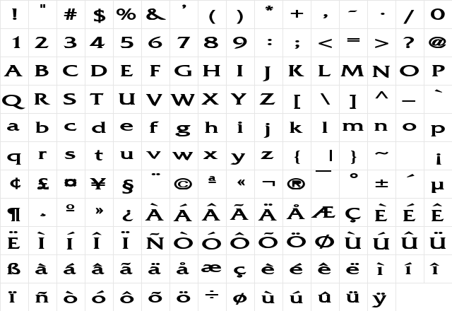 Franco Extended Bold  glyph index