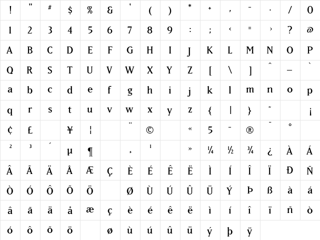 MatrixLining Regular  glyph index