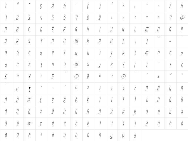 Komunique LightItalic  glyph index