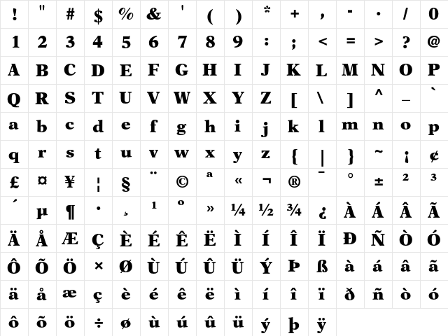 New Aster Black  glyph index