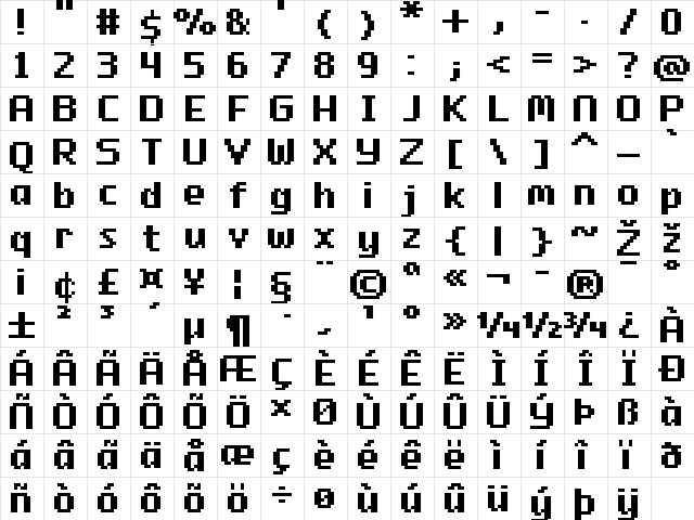 FFF Zerofactor Bold Extended Regular  glyph index