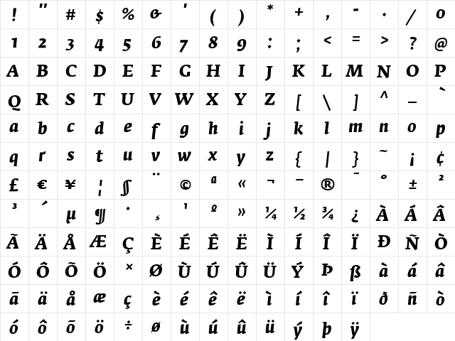 FedraSerifA ItalicBold  glyph index