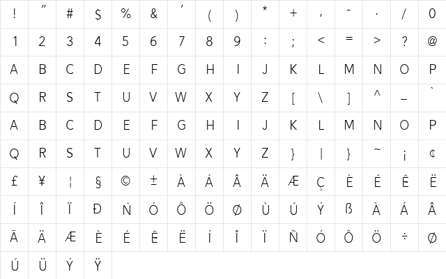 Alesand Light Regular  glyph index