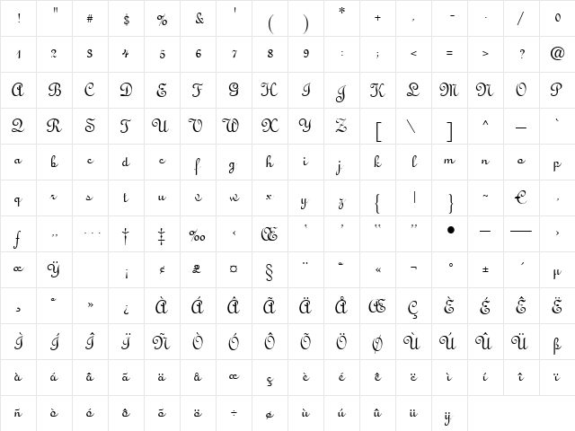 Antigua Regular  glyph index