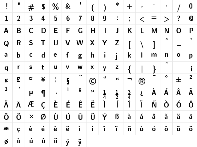 Nova Bold  glyph index