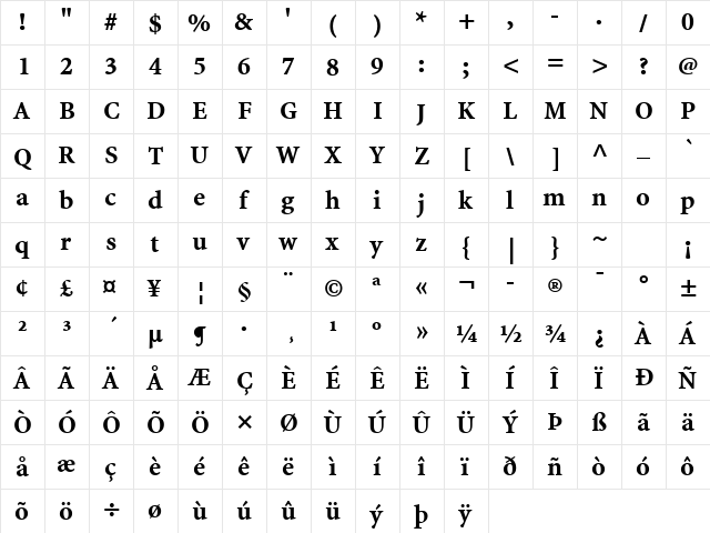 Minion Web Pro Bold  glyph index