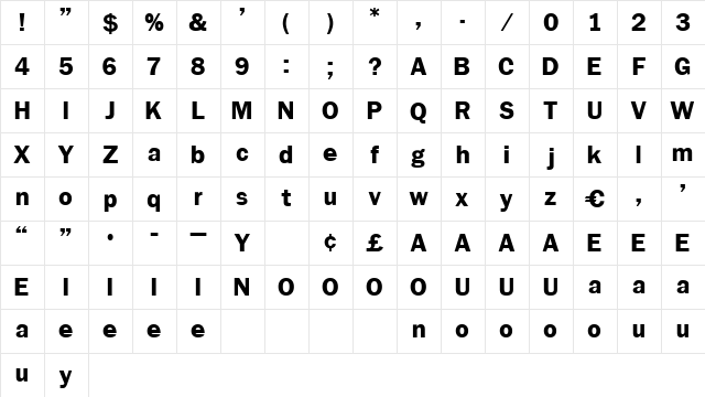 Bruxelles Regular  glyph index