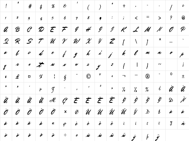 BrushMasterFont12 Regular  glyph index