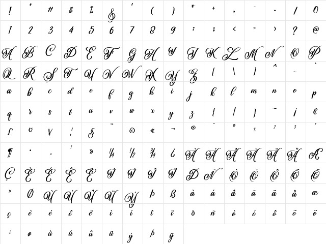 Beautiful Lovina Regular  glyph index
