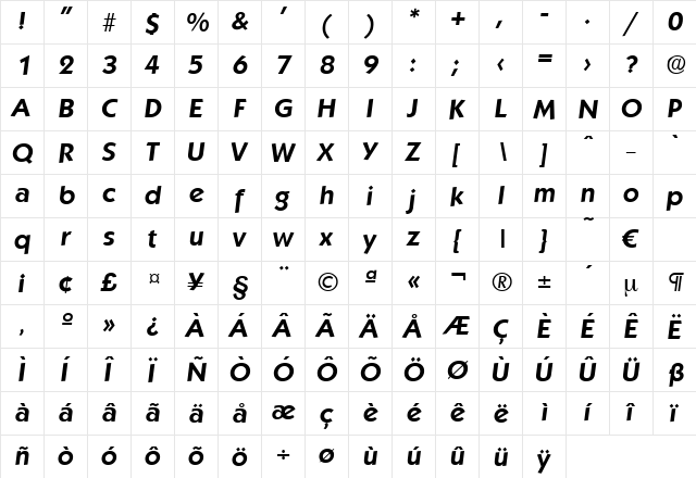 Koblenz-DemiBoldIta Regular  glyph index