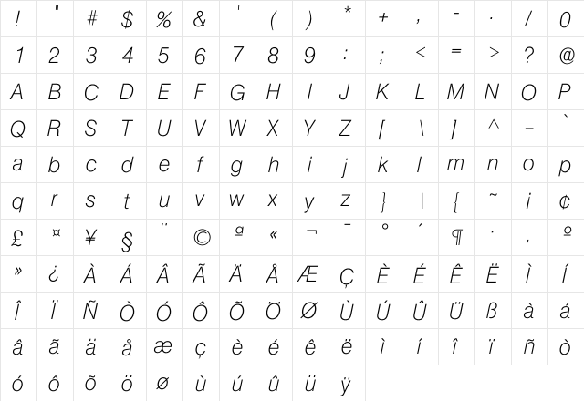 Iolympia Xlight  glyph index