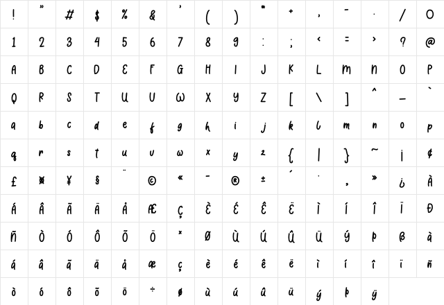 Comic Boys Regular  glyph index