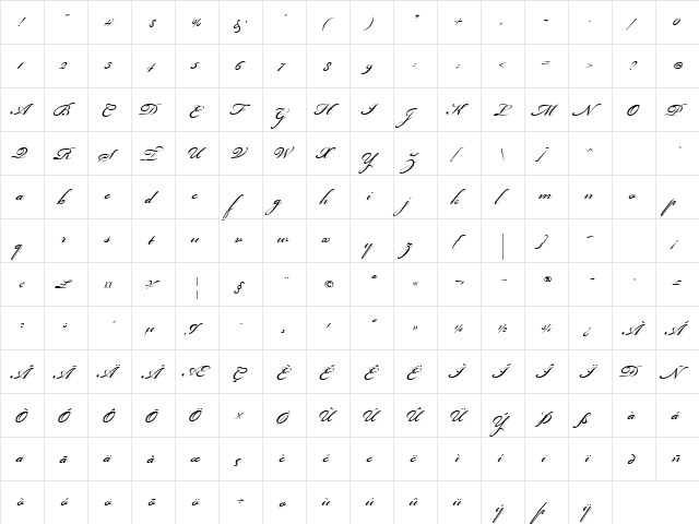BickhamScriptMM Regular  glyph index