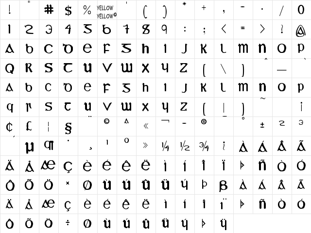 YY Uncial Most Irish Regular  glyph index