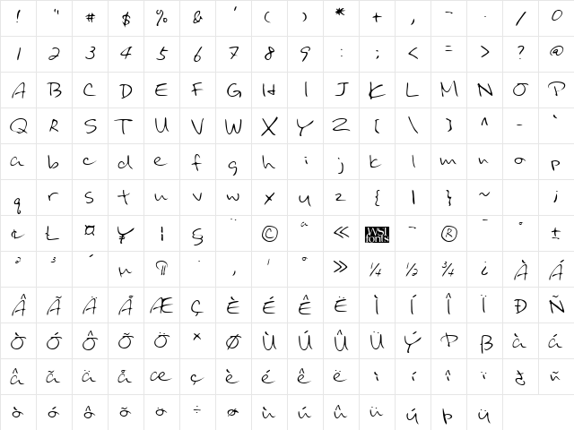 BinghamsHand Regular  glyph index
