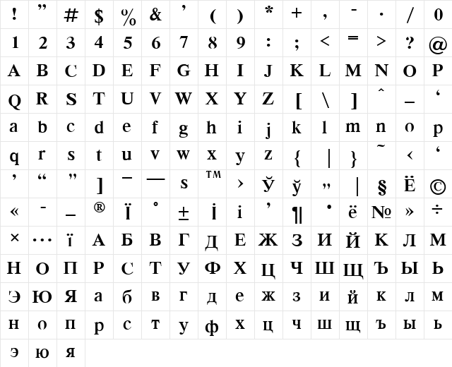 Respect Bold  glyph index