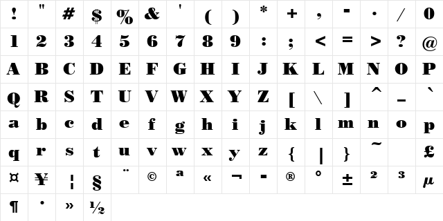 PosterBodoniGreek BT Roman  glyph index