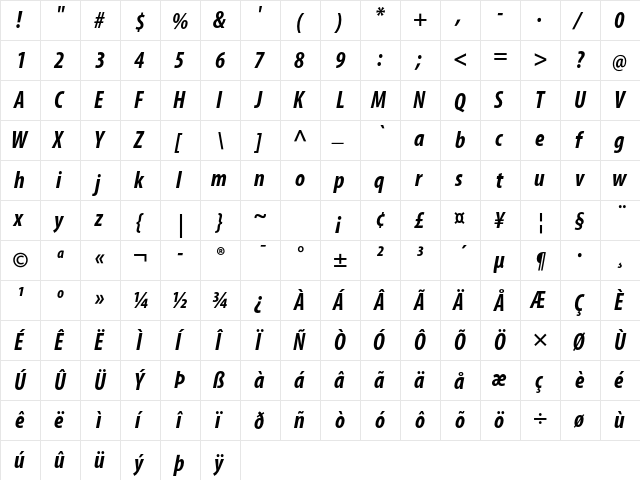 Myriad Pro Bold Condensed Italic  glyph index