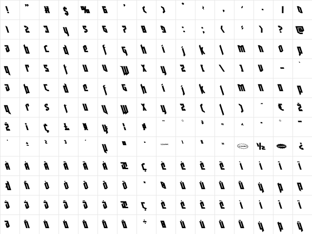 Deathshead Leftalic Italic  glyph index