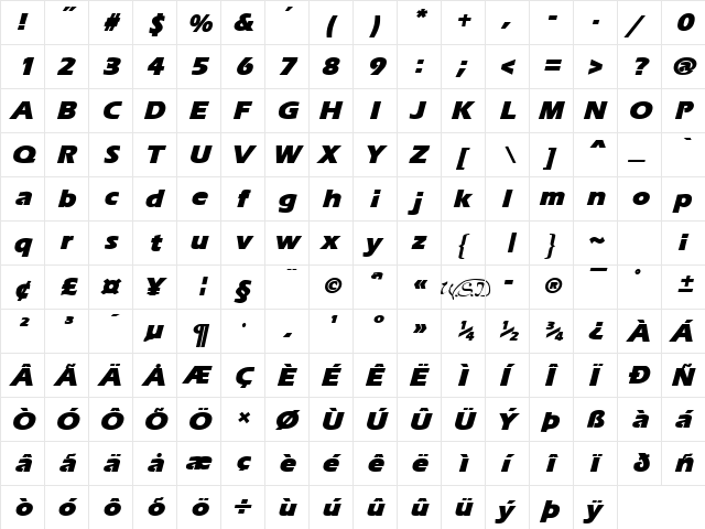 Ergoe-Mild Black Italic  glyph index