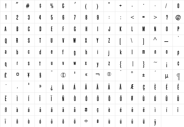 BlockGothicMediumExtraCond Roman  glyph index