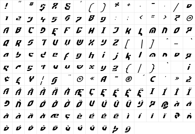 EstukiItalic Regular  glyph index