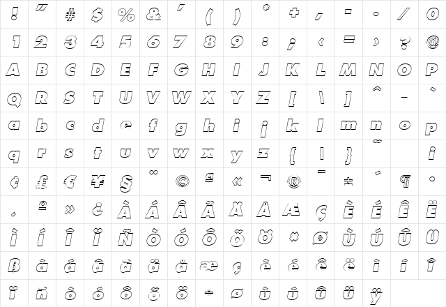 PeterBeckerOutline-Heavy Italic  glyph index
