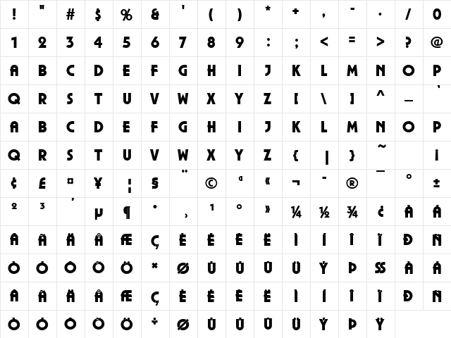 PlazaPUlt Regular  glyph index