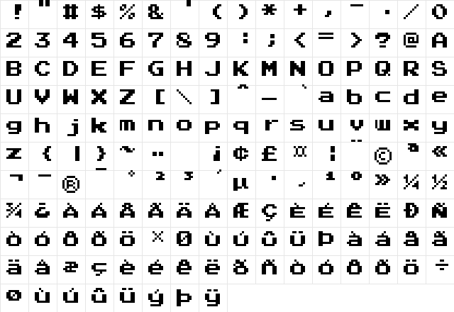 Press Start 2P Regular  glyph index