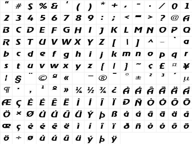 XanadauExtended Oblique  glyph index