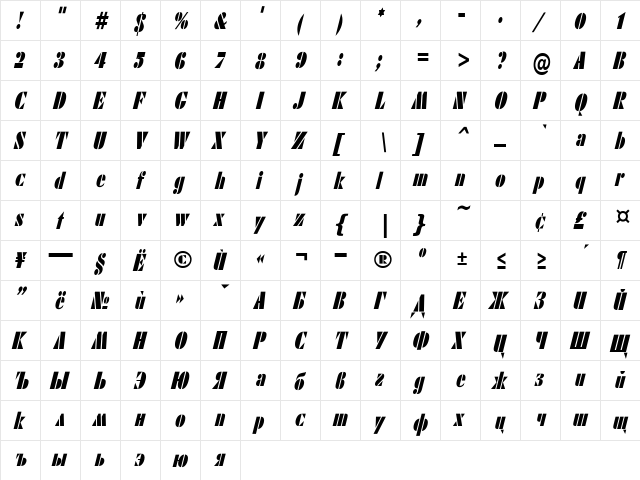 ShablonCond Oblique  glyph index