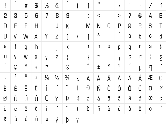 Eurasia-Condensed Normal  glyph index