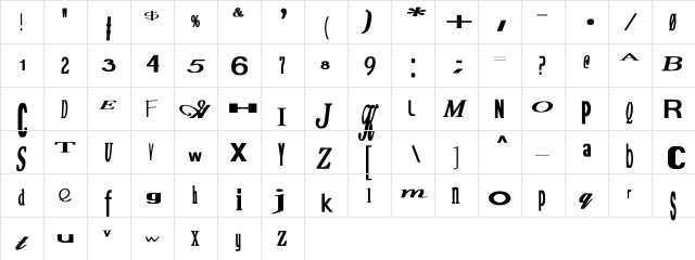 Jumbalaya Bold Bold  glyph index
