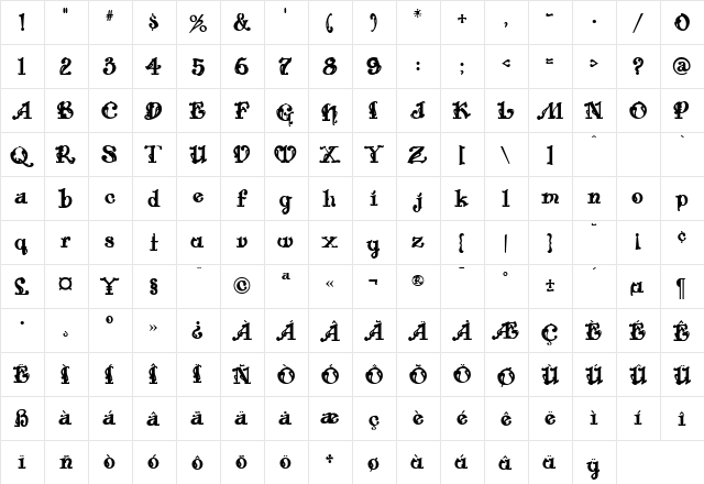 Cajalco Regular  glyph index