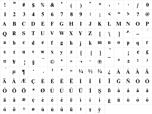 NimbusRomDTU Bold  glyph index