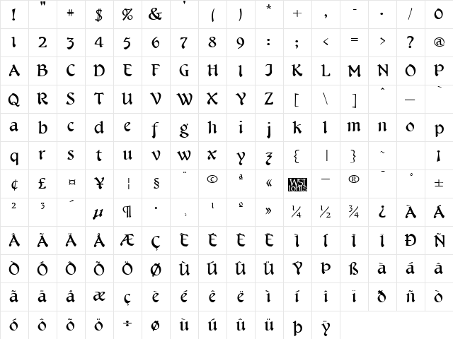 CheshireBroad Regular  glyph index