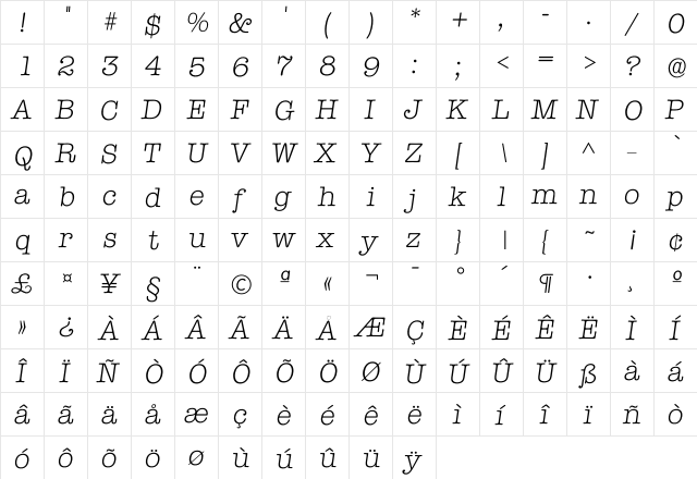 Itypewriter Light  glyph index