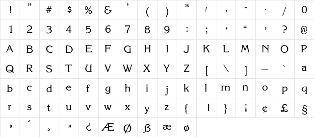 Korina-Light Regular  glyph index