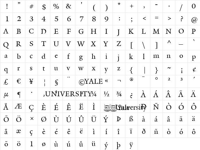 YaleAdmin Regular  glyph index