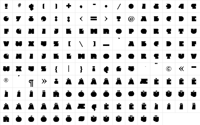 Frenchy RR Regular  glyph index
