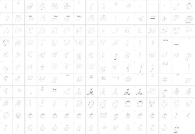 AeroOutline Italic  glyph index