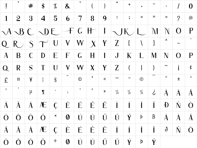 Atlane Regular  glyph index