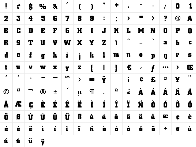 Downtown Regular  glyph index