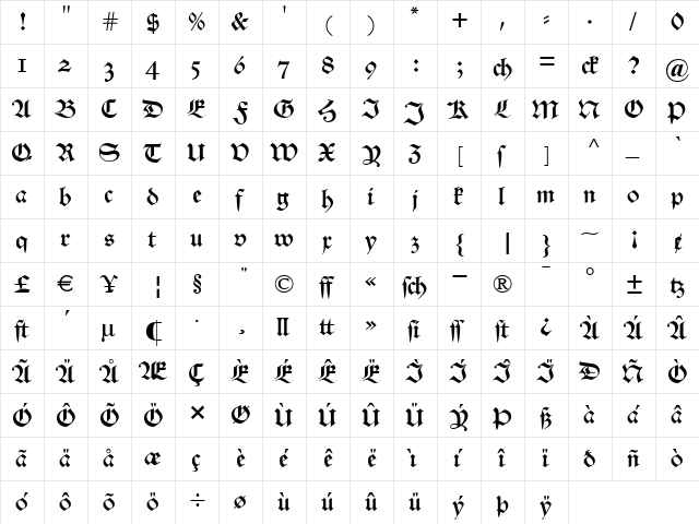 Alte Schwabacher OSF Regular  glyph index